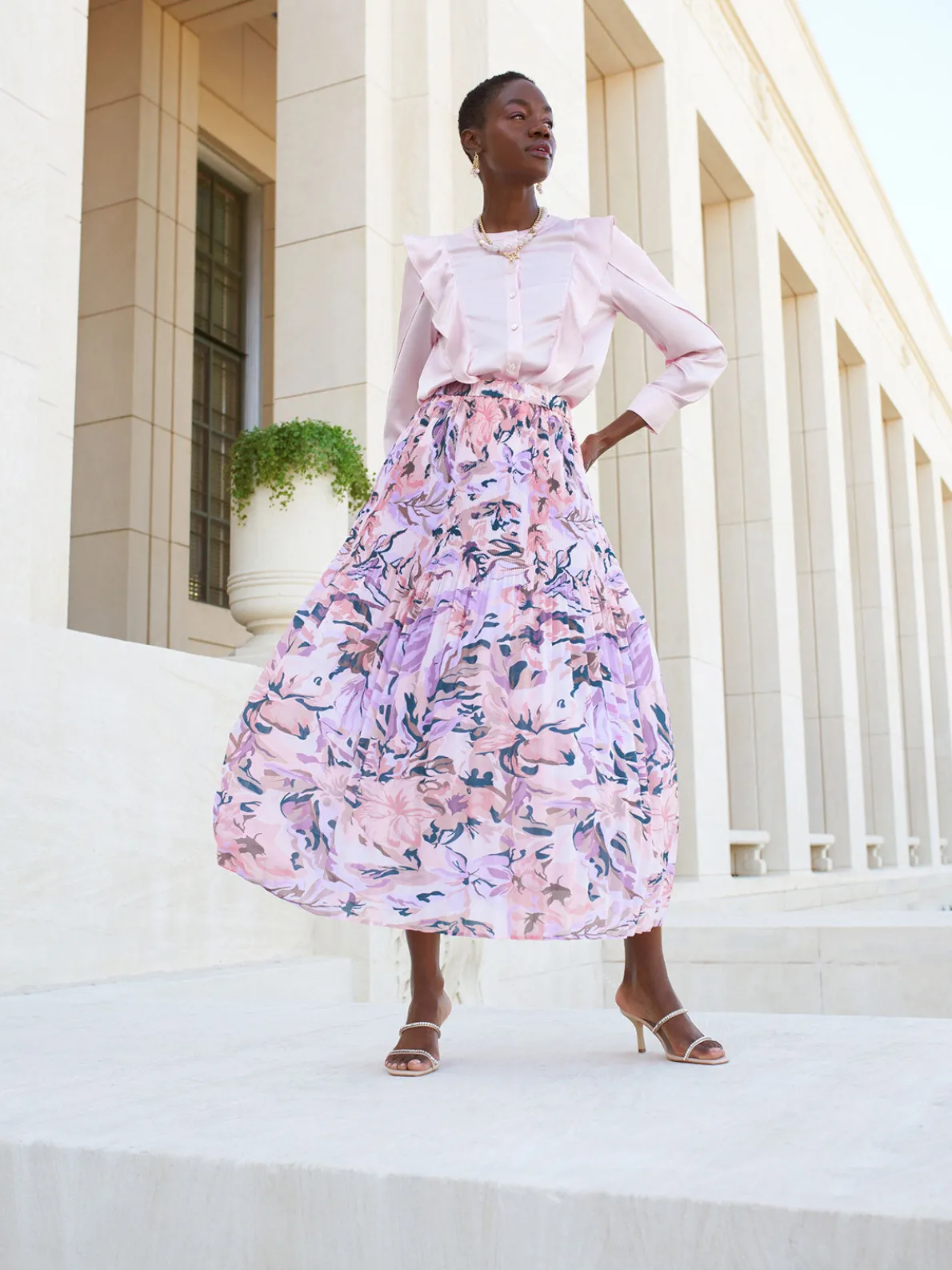 Pink Pleated Skirt - Floral Maxi Skirt | Misook