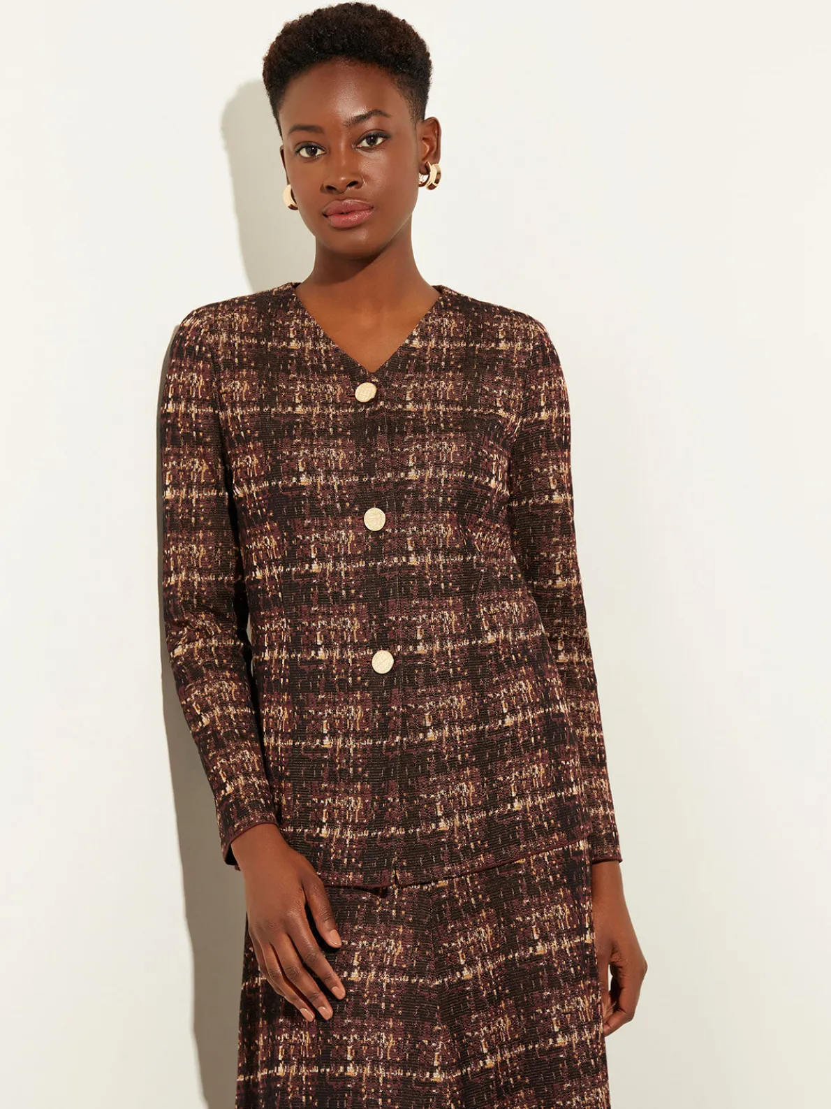 Plaid Button-Front Knit Jacket