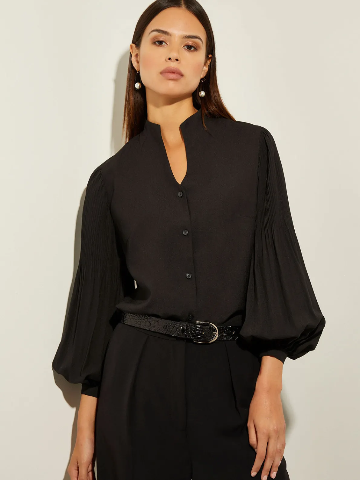 Pleated Bishop Sleeve Stretch Crepe Blouse