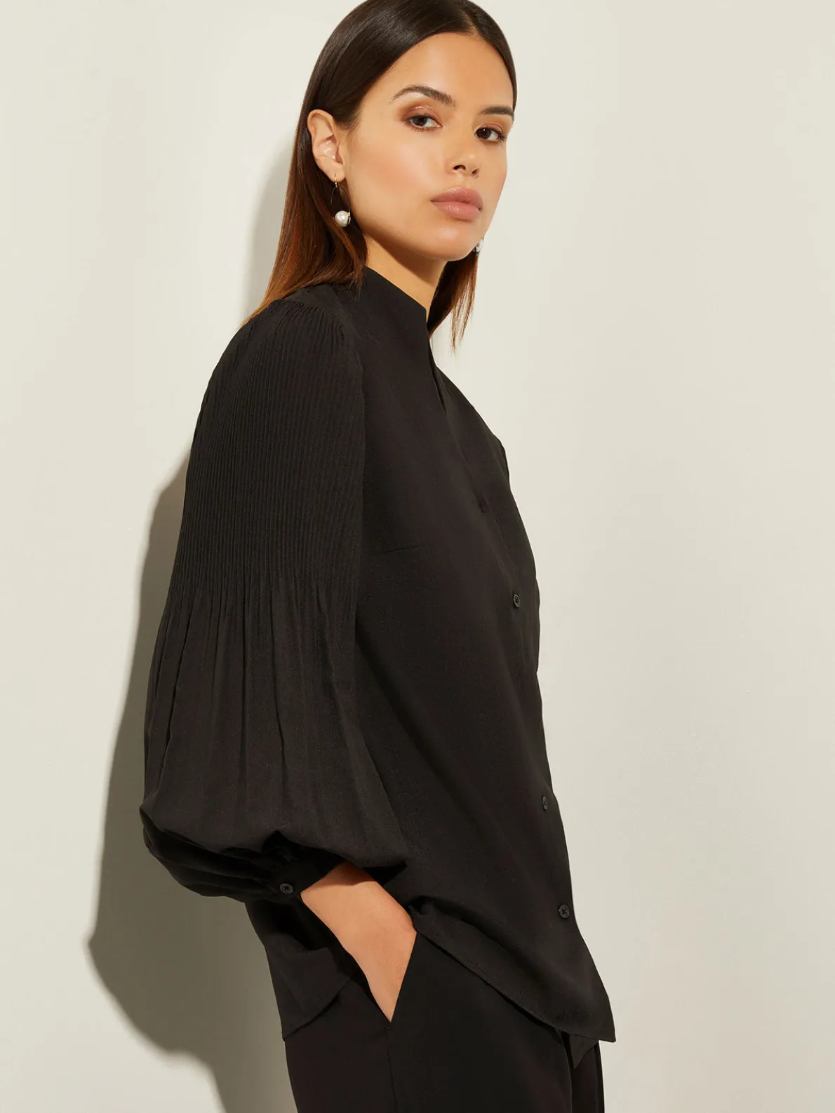 Pleated Bishop Sleeve Stretch Crepe Blouse