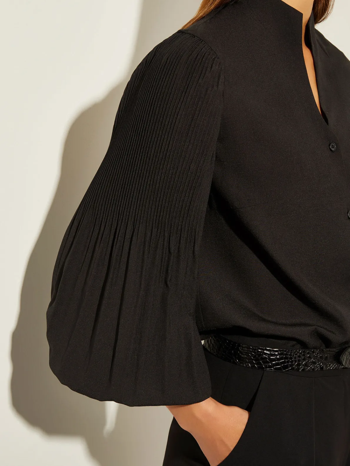 Pleated Bishop Sleeve Stretch Crepe Blouse