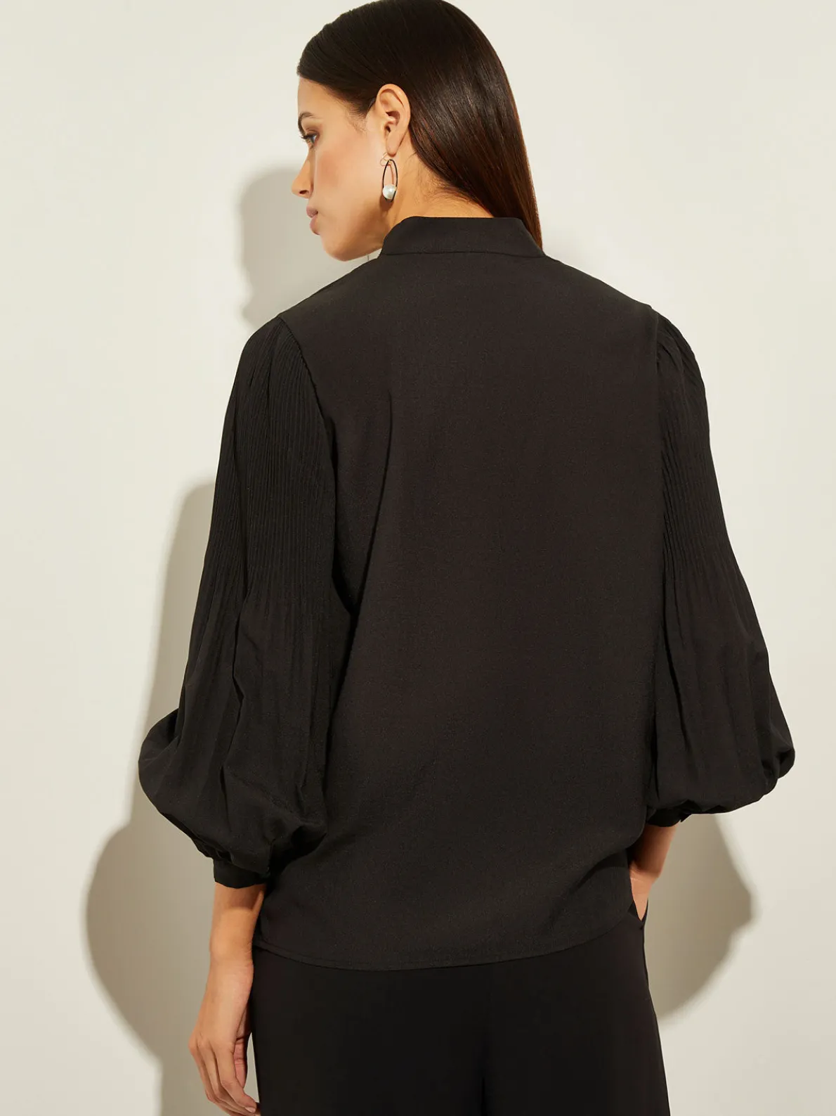 Pleated Bishop Sleeve Stretch Crepe Blouse