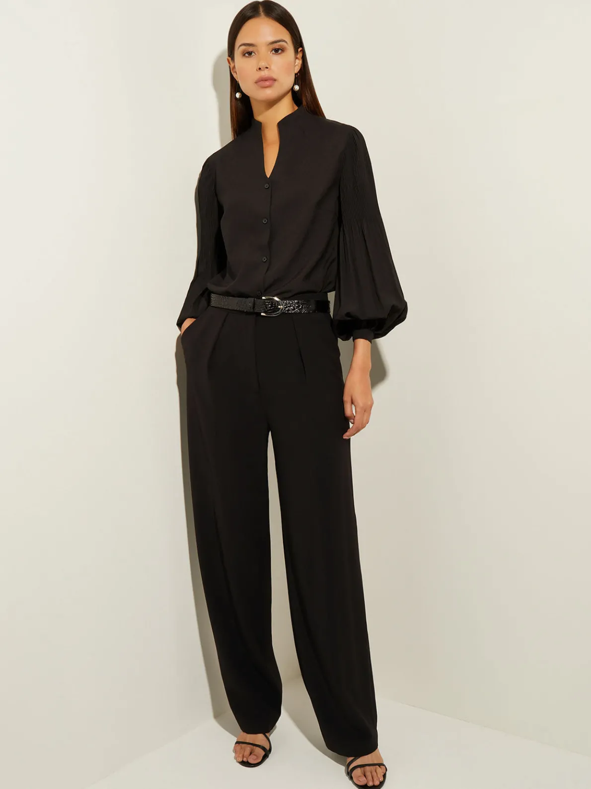 Pleated Bishop Sleeve Stretch Crepe Blouse