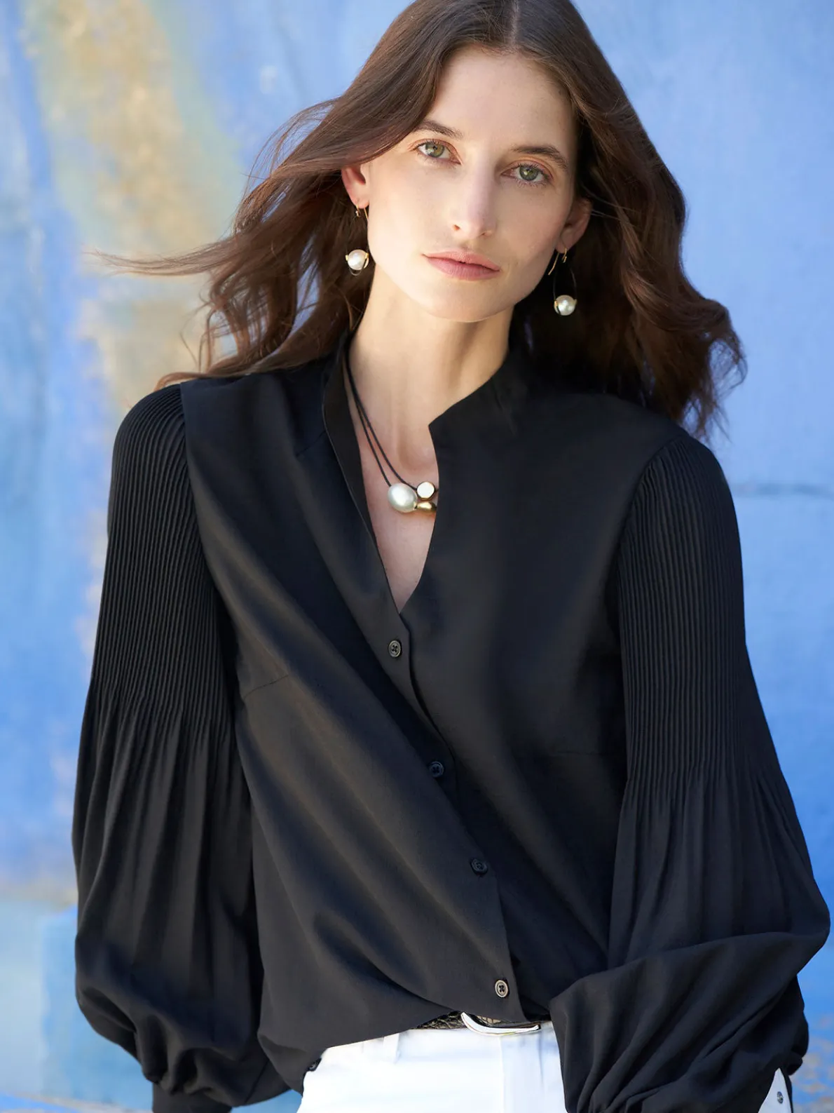 Pleated Bishop Sleeve Stretch Crepe Blouse