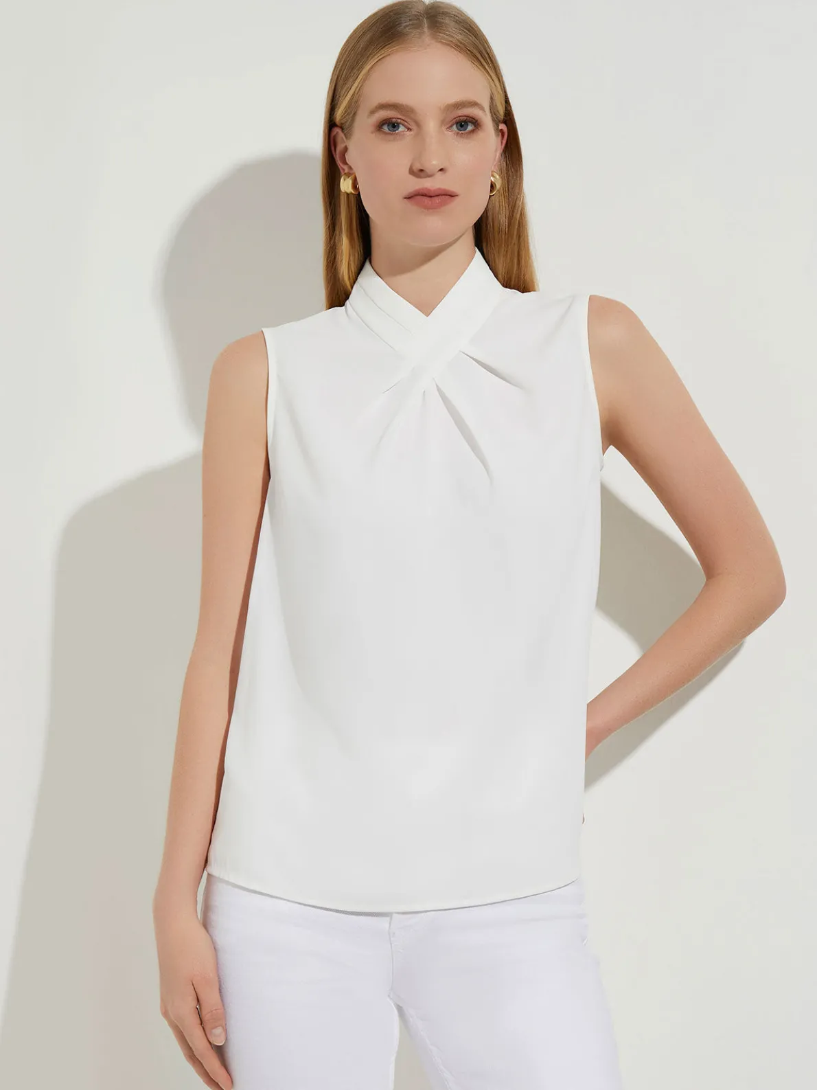 Pleated Crossover Collar Crepe de Chine Blouse