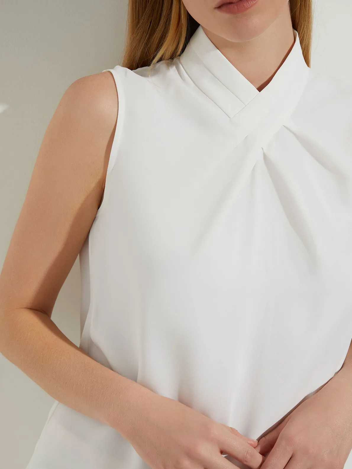 Pleated Crossover Collar Crepe de Chine Blouse
