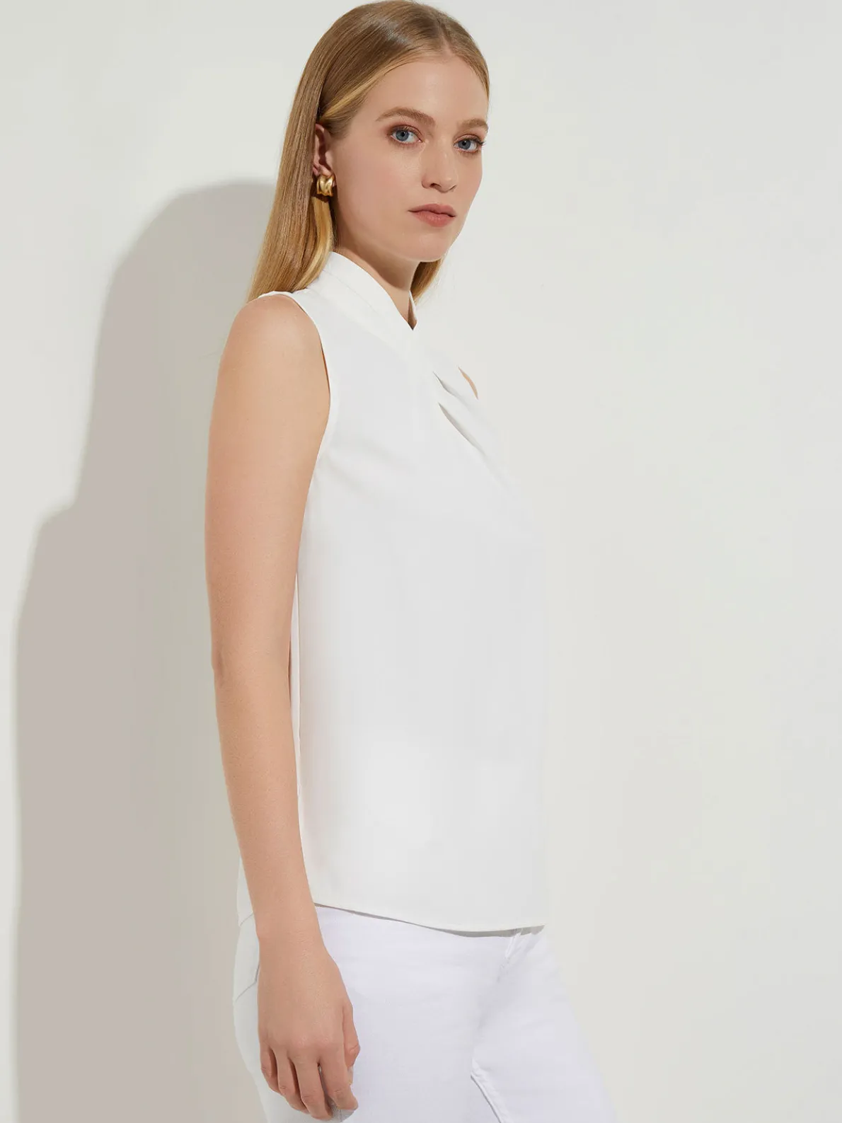 Pleated Crossover Collar Crepe de Chine Blouse