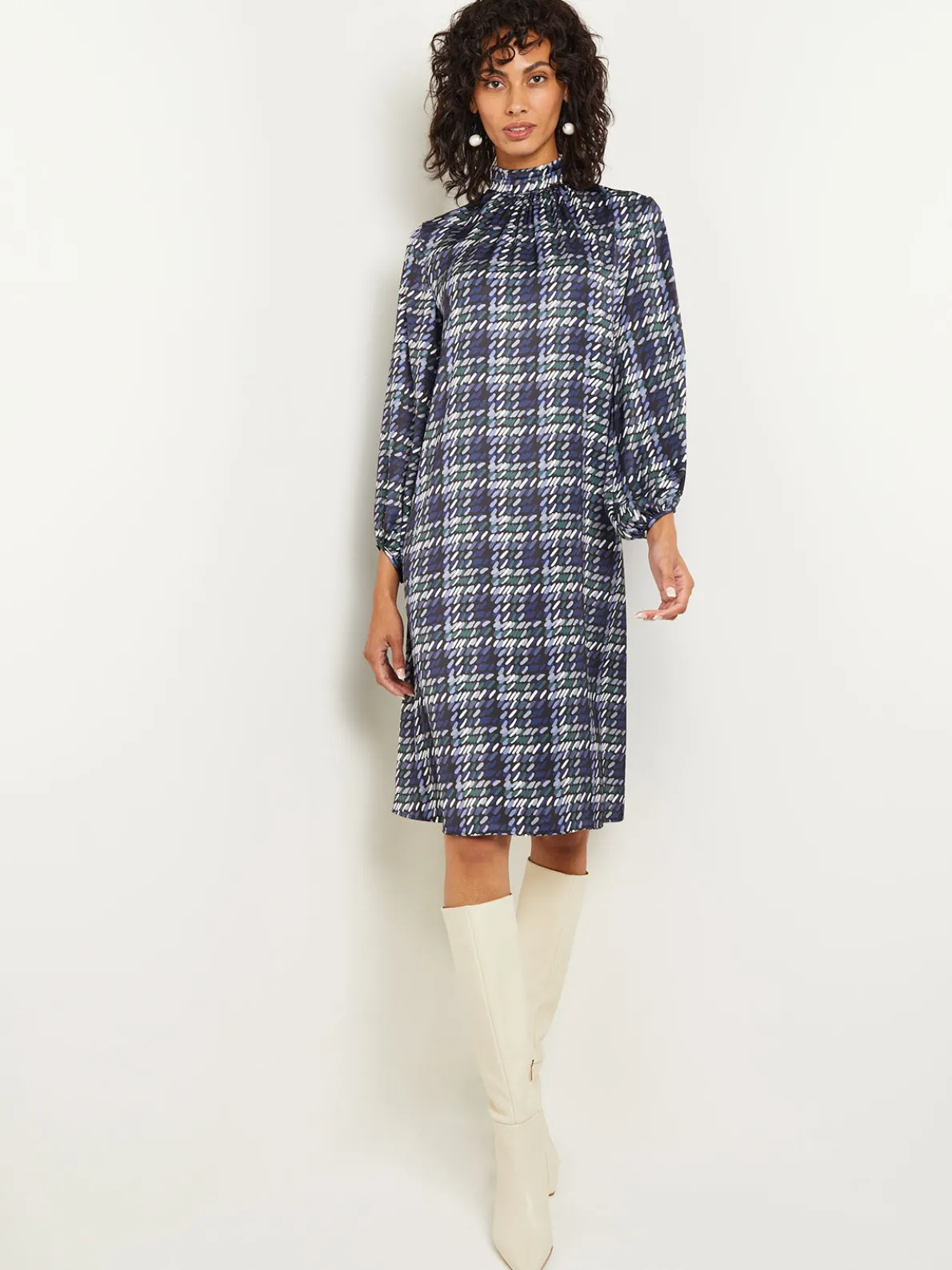 Pleated Mock Neck Crepe de Chine Printed A-Line Dress