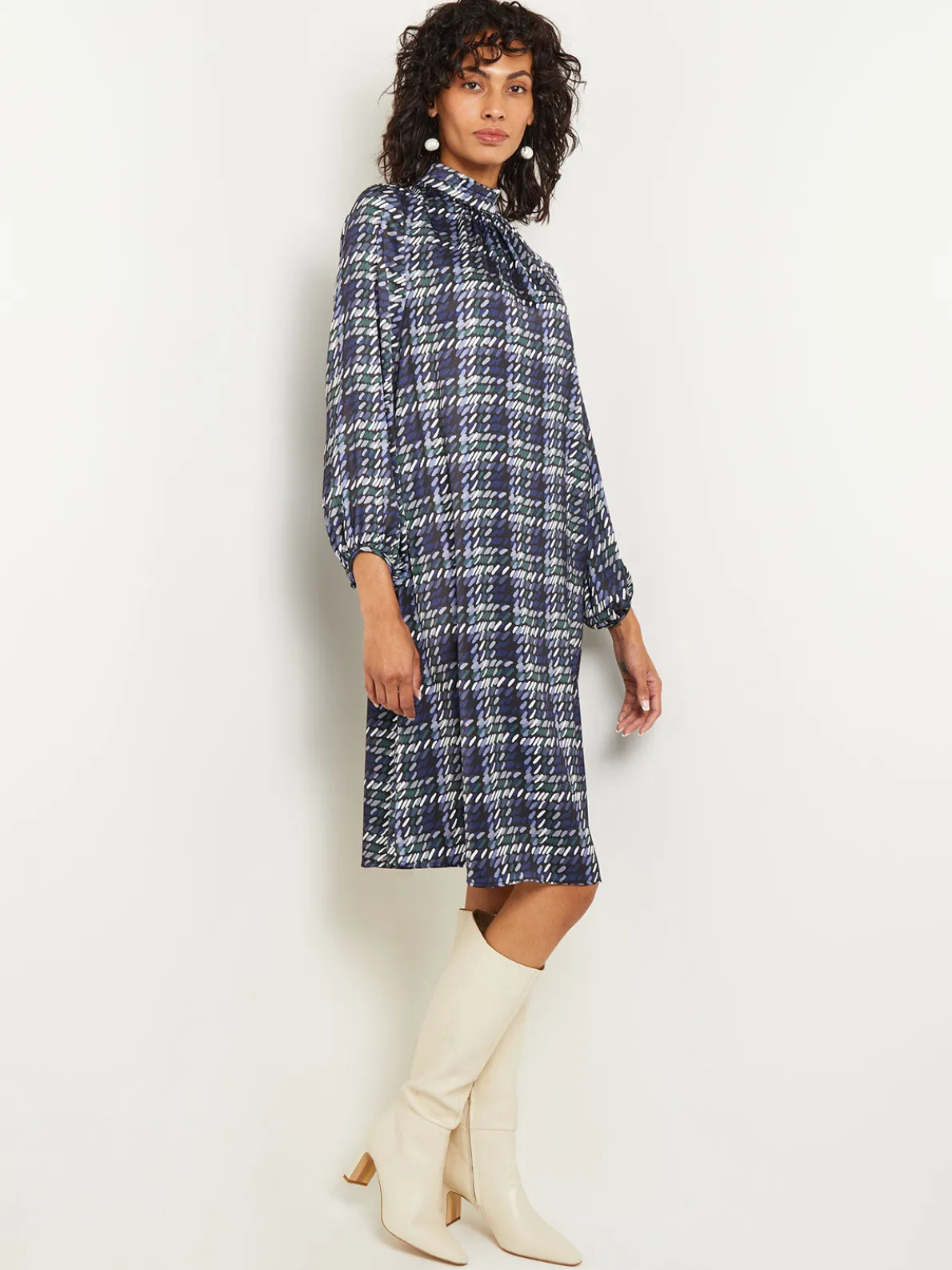 Pleated Mock Neck Crepe de Chine Printed A-Line Dress