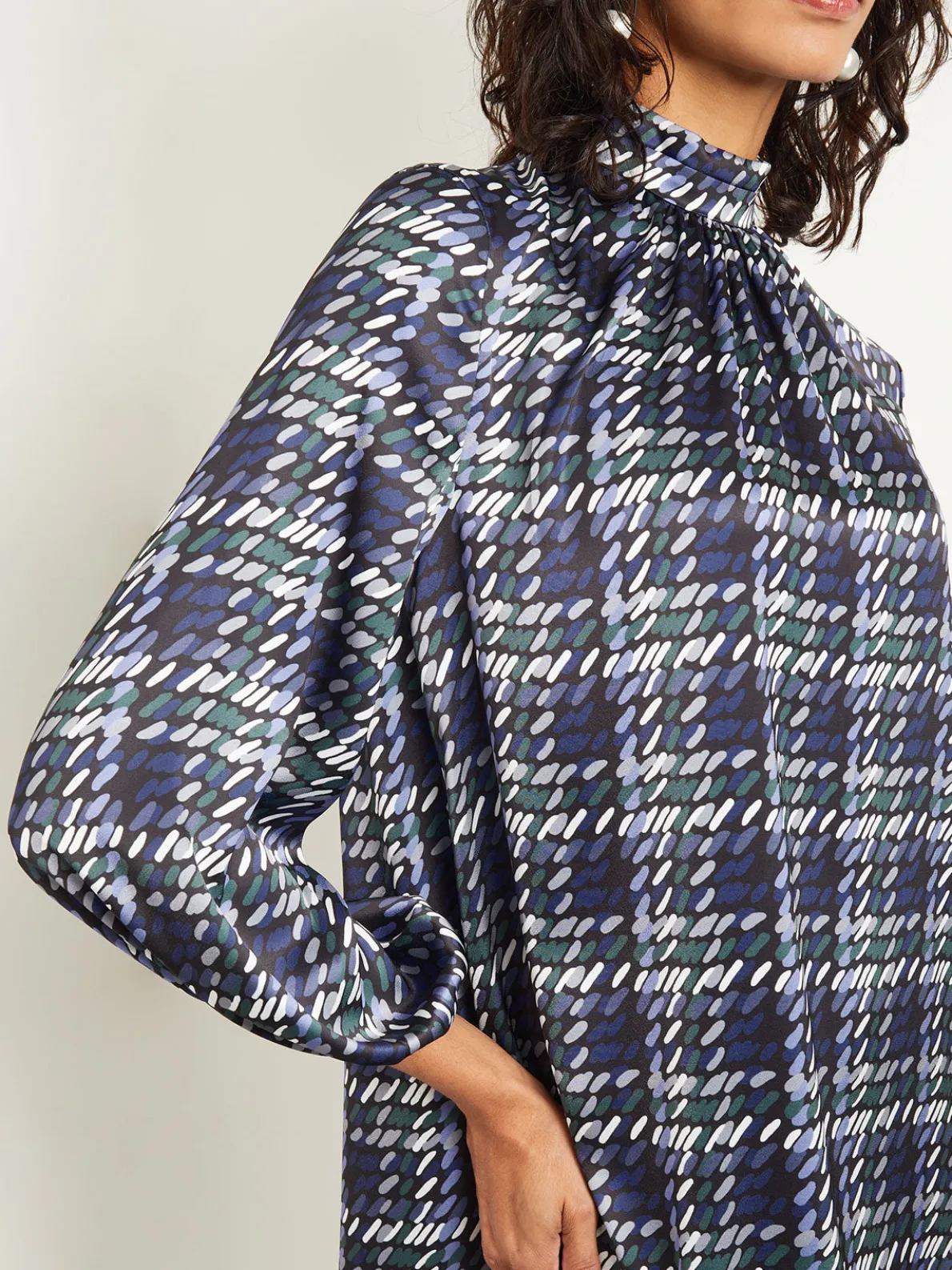 Pleated Mock Neck Crepe de Chine Printed A-Line Dress