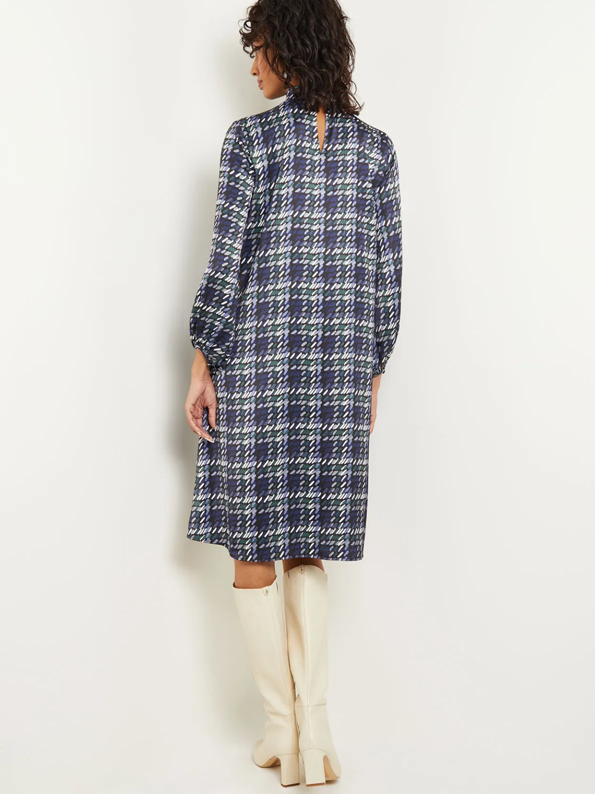 Pleated Mock Neck Crepe de Chine Printed A-Line Dress