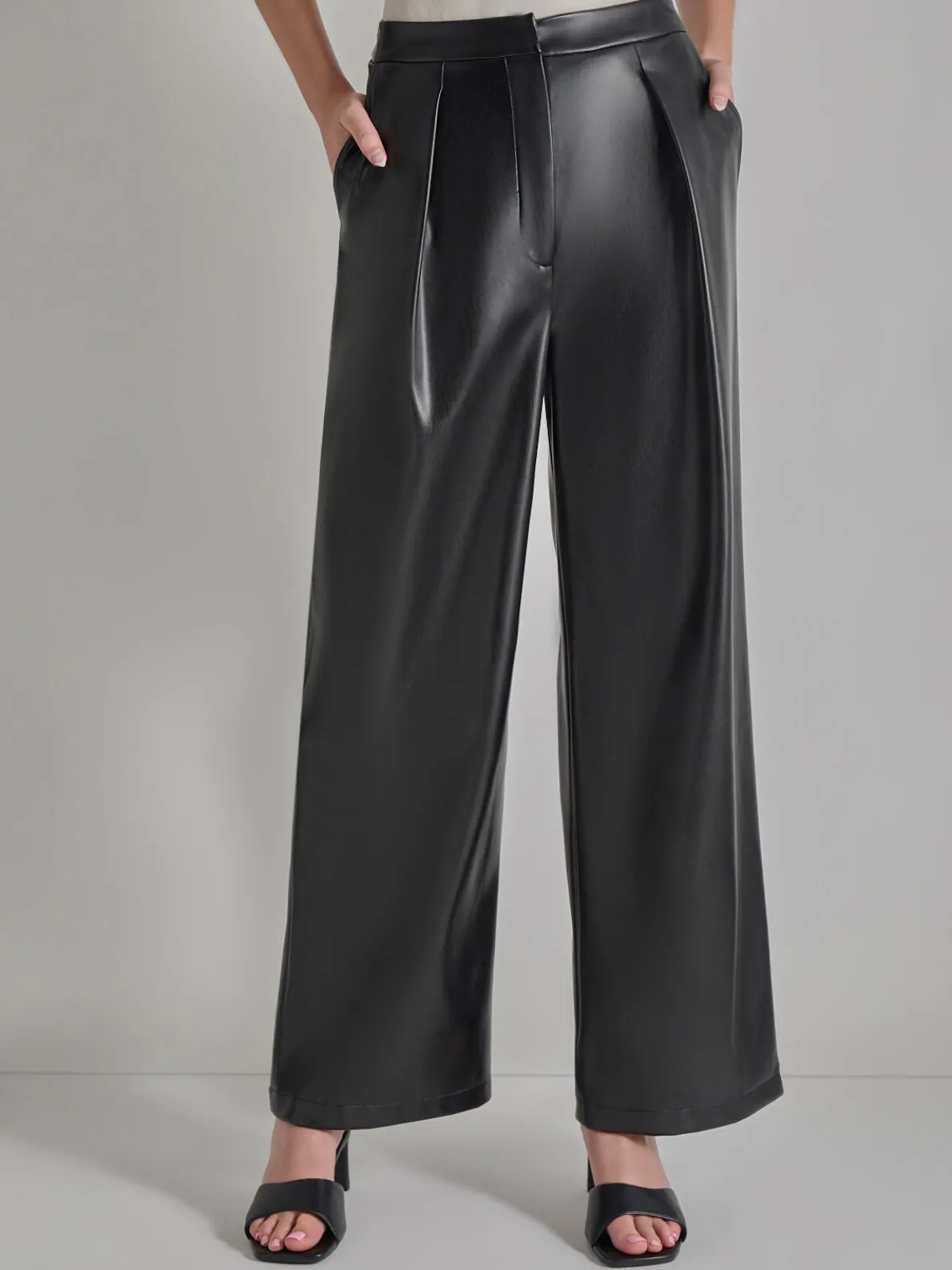 Pleated Straight Leg Vegan Leather Pants