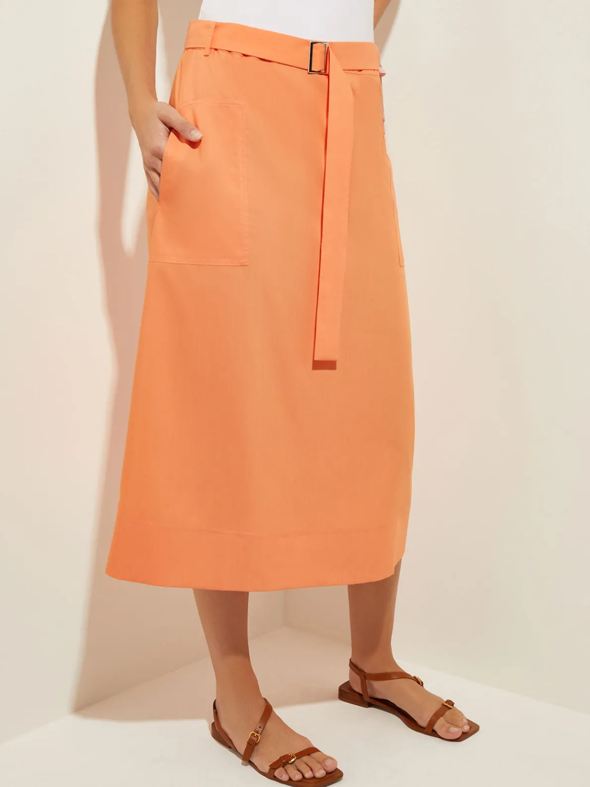 Pocketed Poplin A-Line Midi Skirt