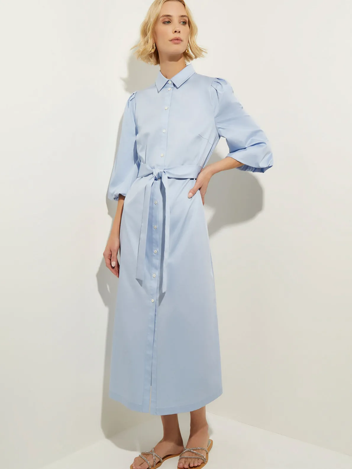 Puff Sleeve Cotton Midi Shirtdress