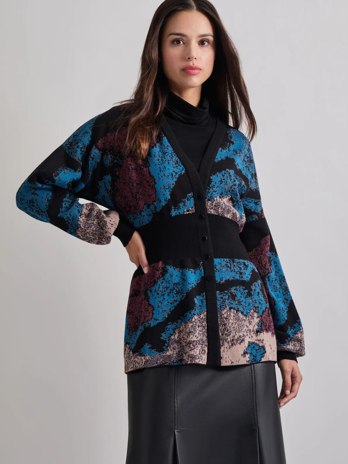 Relaxed Fit Abstract Inset Waist Jacquard Knit Cardigan