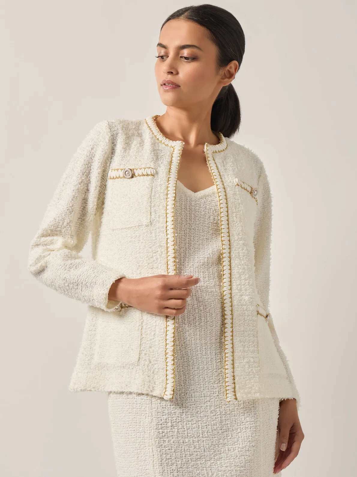 Relaxed Fit Boucle Lurex Crochet Trim Knit Jacket