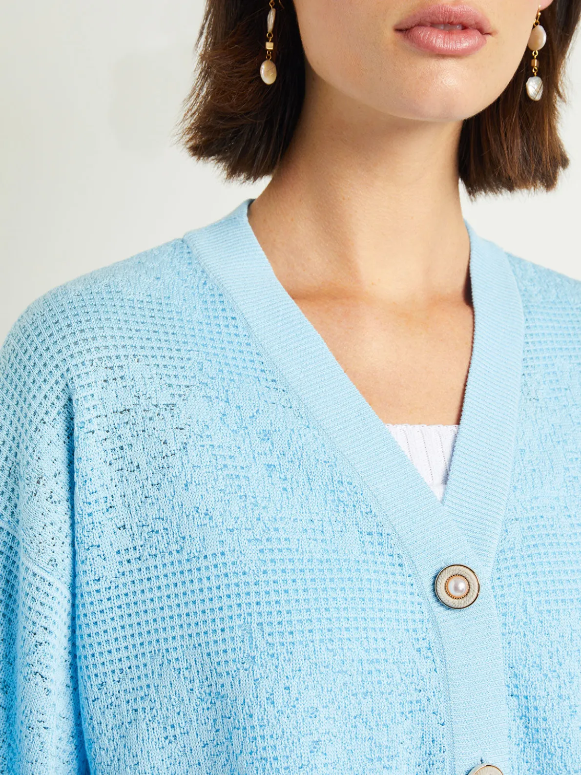 Relaxed Fit Button Front Jacket - Balloon Sleeve Soft Burnout Knit