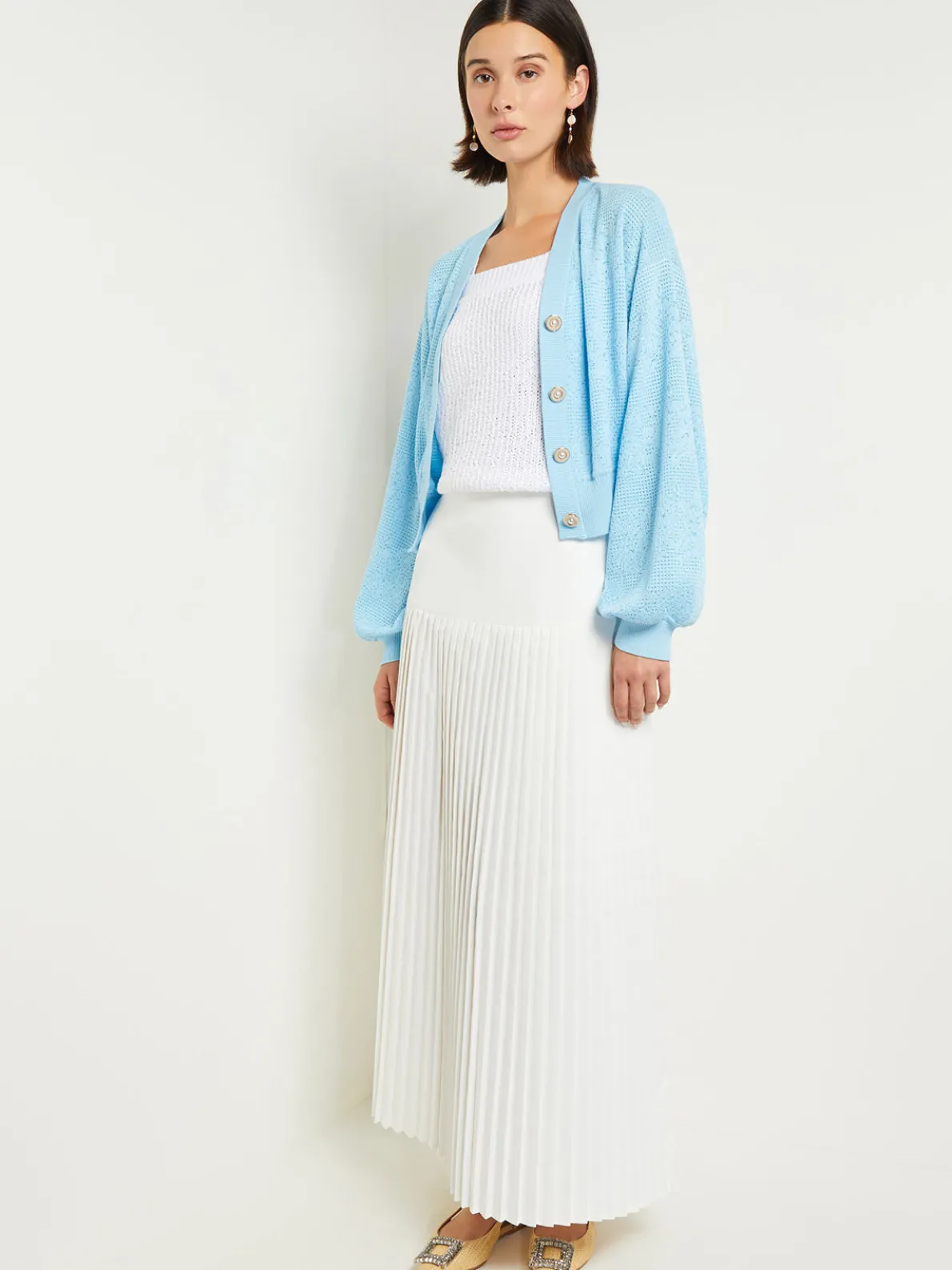 Relaxed Fit Button Front Jacket - Balloon Sleeve Soft Burnout Knit