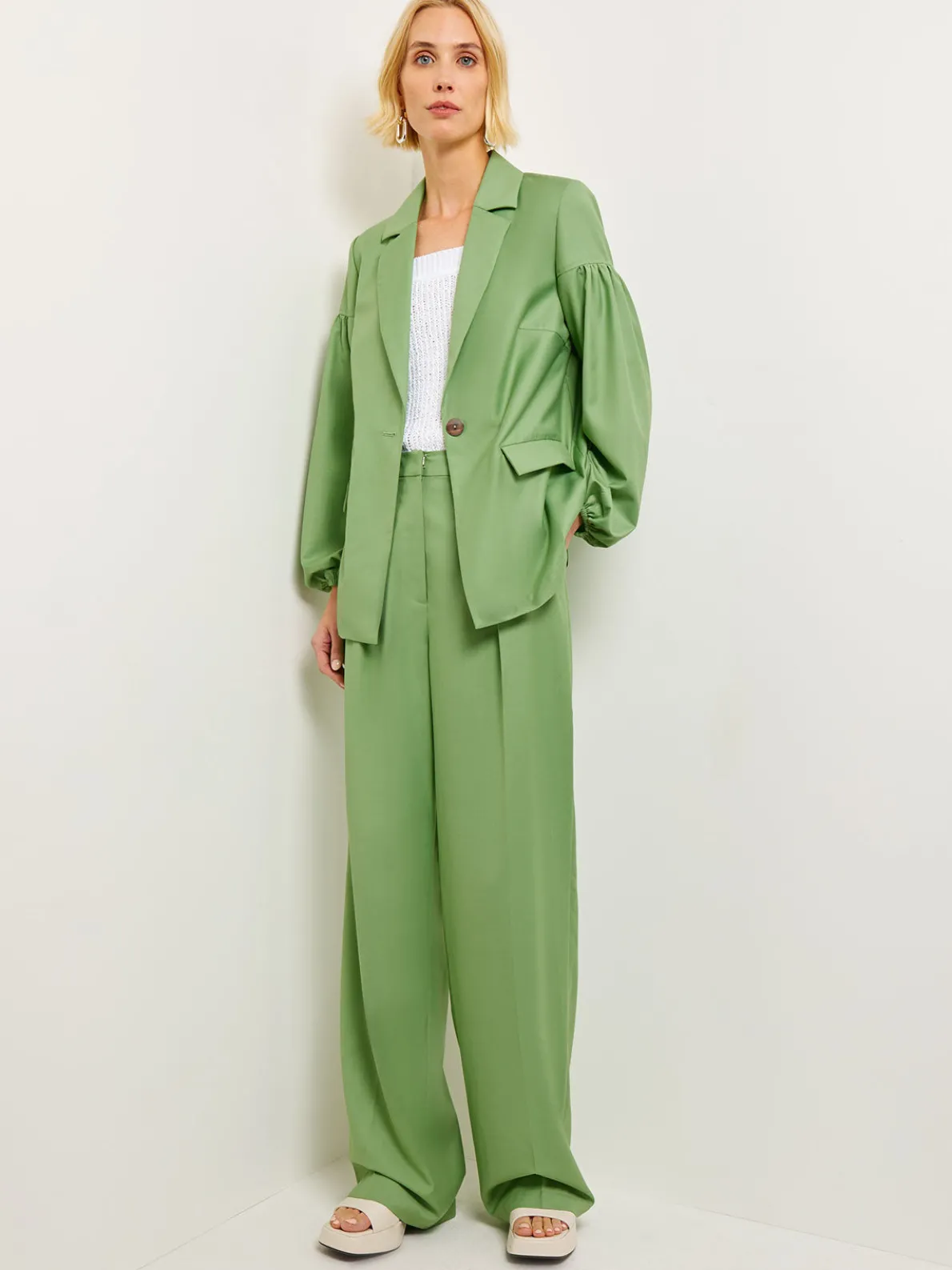 Relaxed Fit One Button Jacket - Balloon Sleeve Relaxed Woven