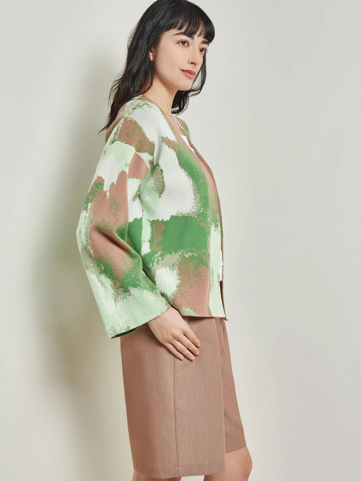 Removable Pin Crossover Jacket - Bell Sleeve Recycled Jacquard Knit