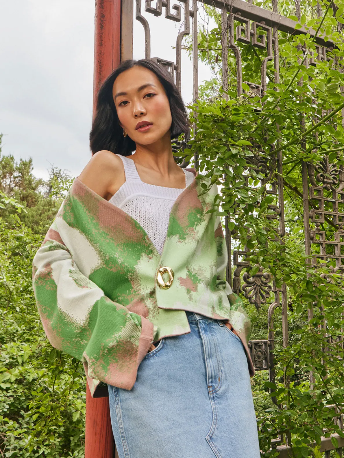 Removable Pin Crossover Jacket - Bell Sleeve Recycled Jacquard Knit