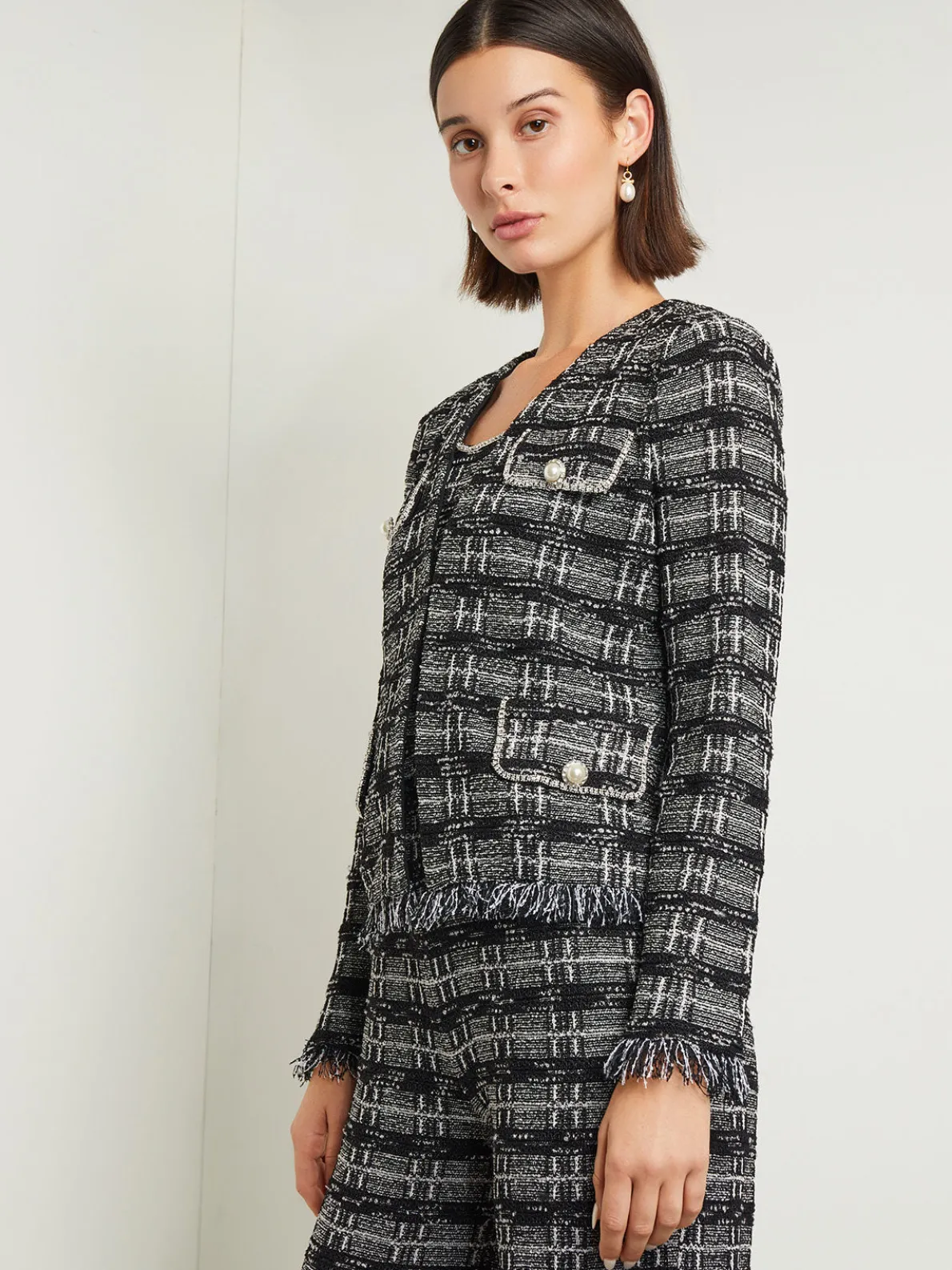 Rhinestone Accent Fringe Tweed Knit Jacket