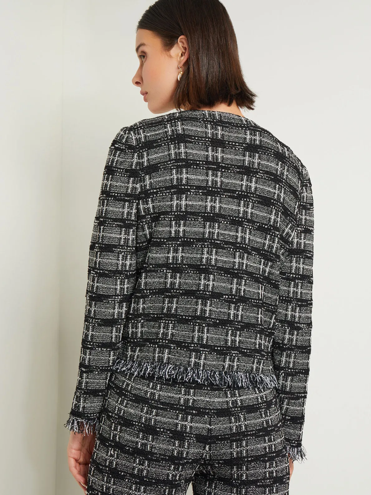 Rhinestone Accent Fringe Tweed Knit Jacket