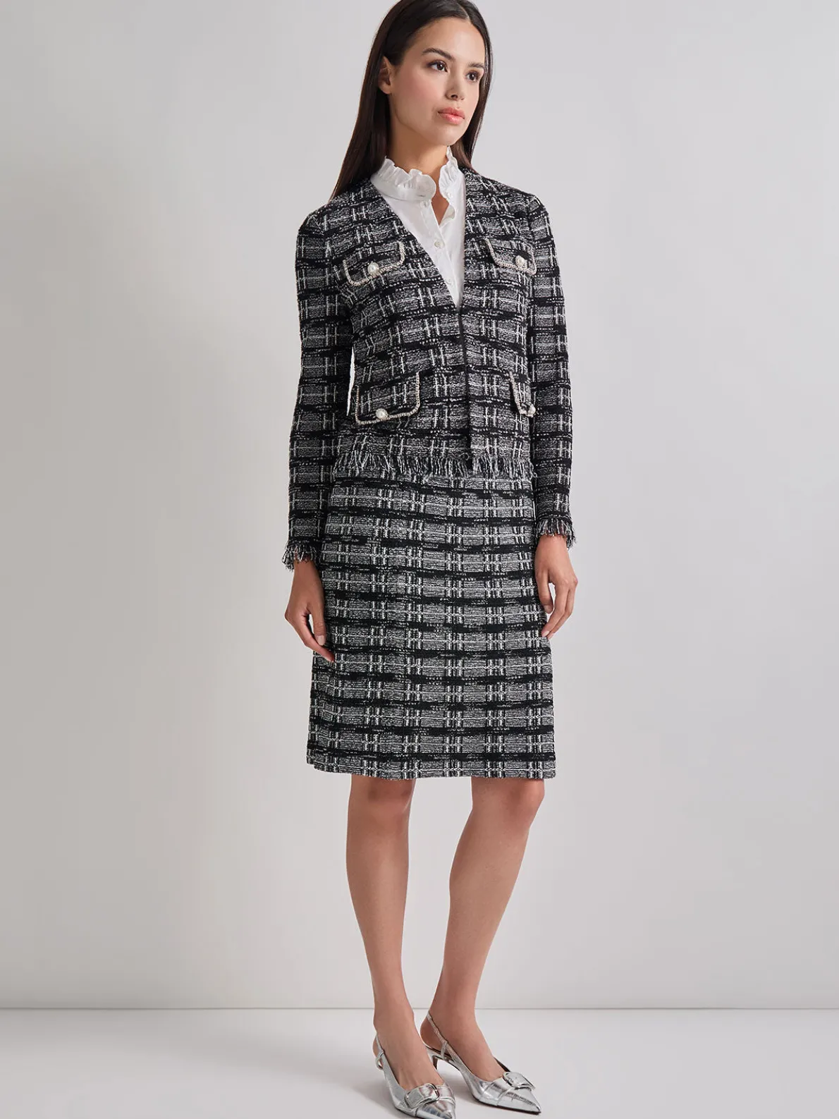 Rhinestone Accent Fringe Tweed Knit Jacket