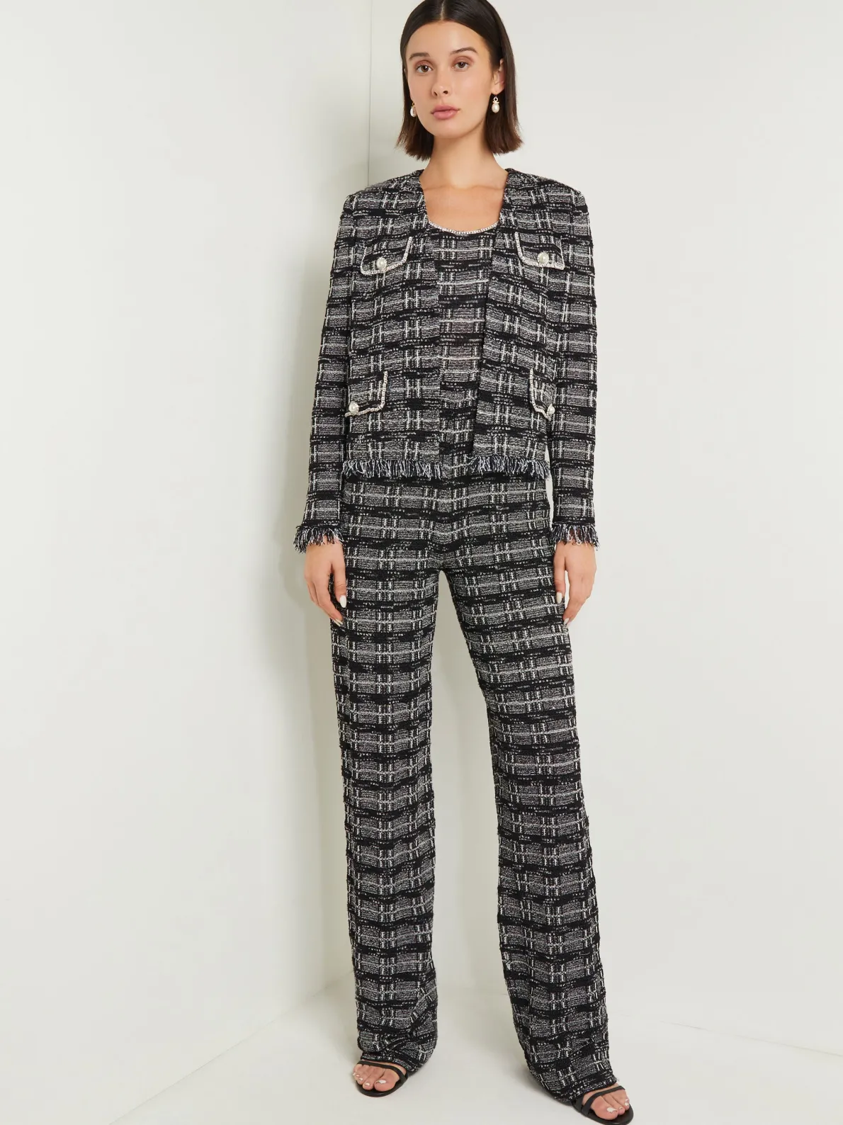 Rhinestone Accent Fringe Tweed Knit Jacket