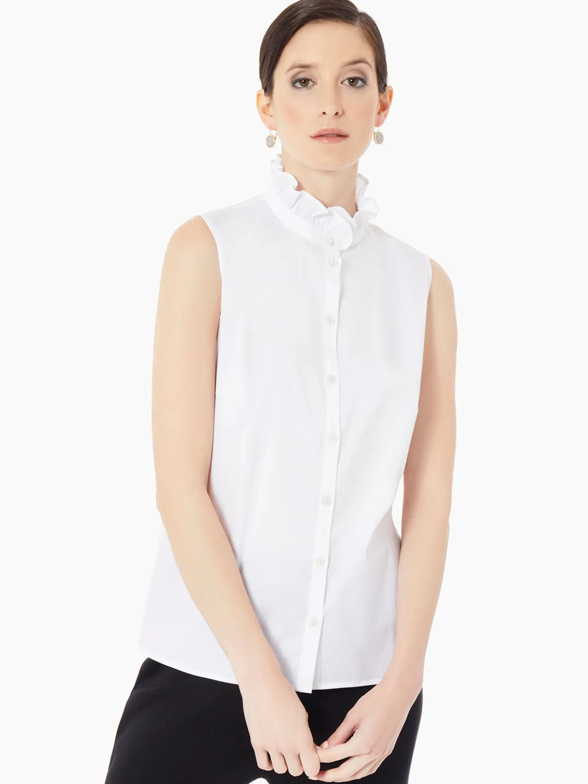 Ruffle Neck Stretch Cotton Blouse