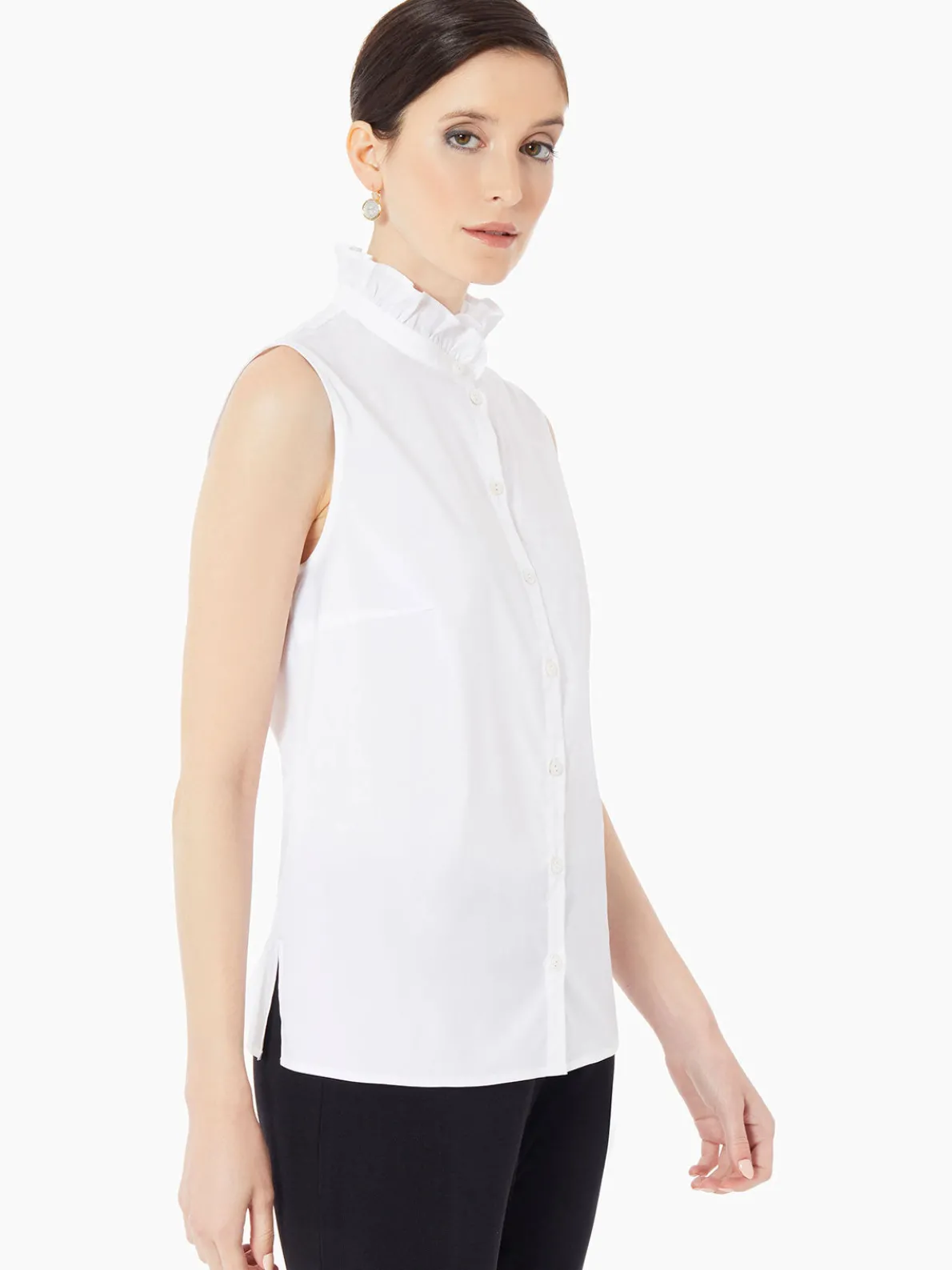 Ruffle Neck Stretch Cotton Blouse
