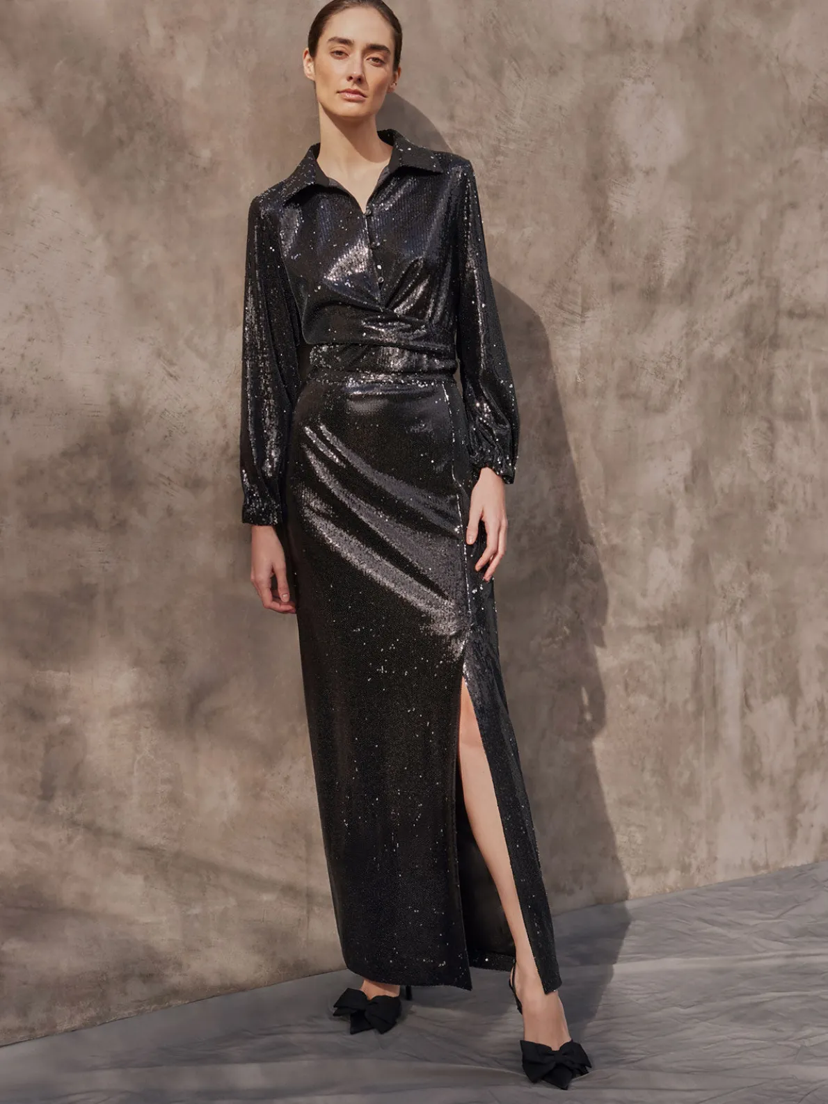 Sequin Novelty Woven Straight Maxi Skirt