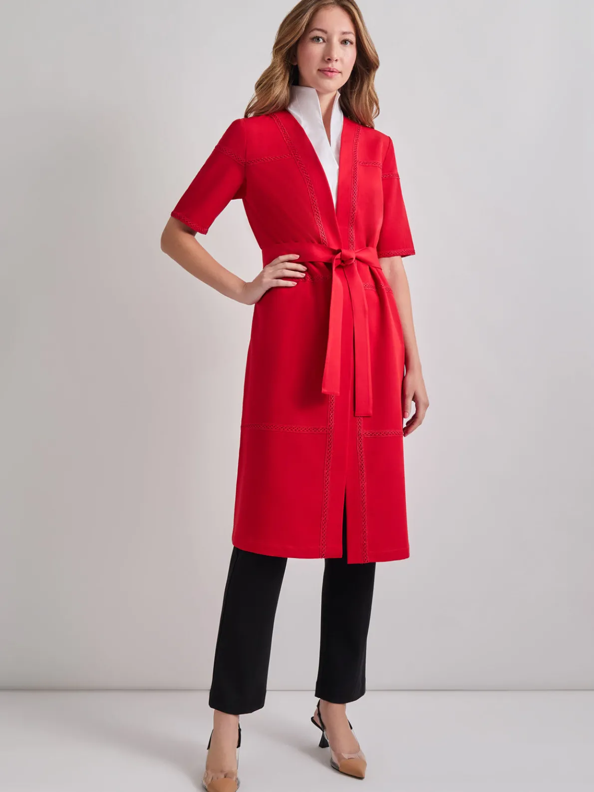 Short Sleeve Belted Stretch Crepe Duster