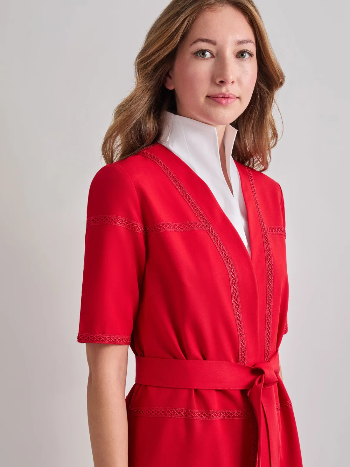 Short Sleeve Belted Stretch Crepe Duster