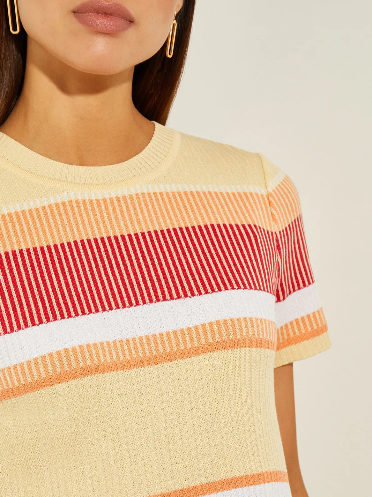 Short Sleeve Intarsia Striped Soft Knit Top