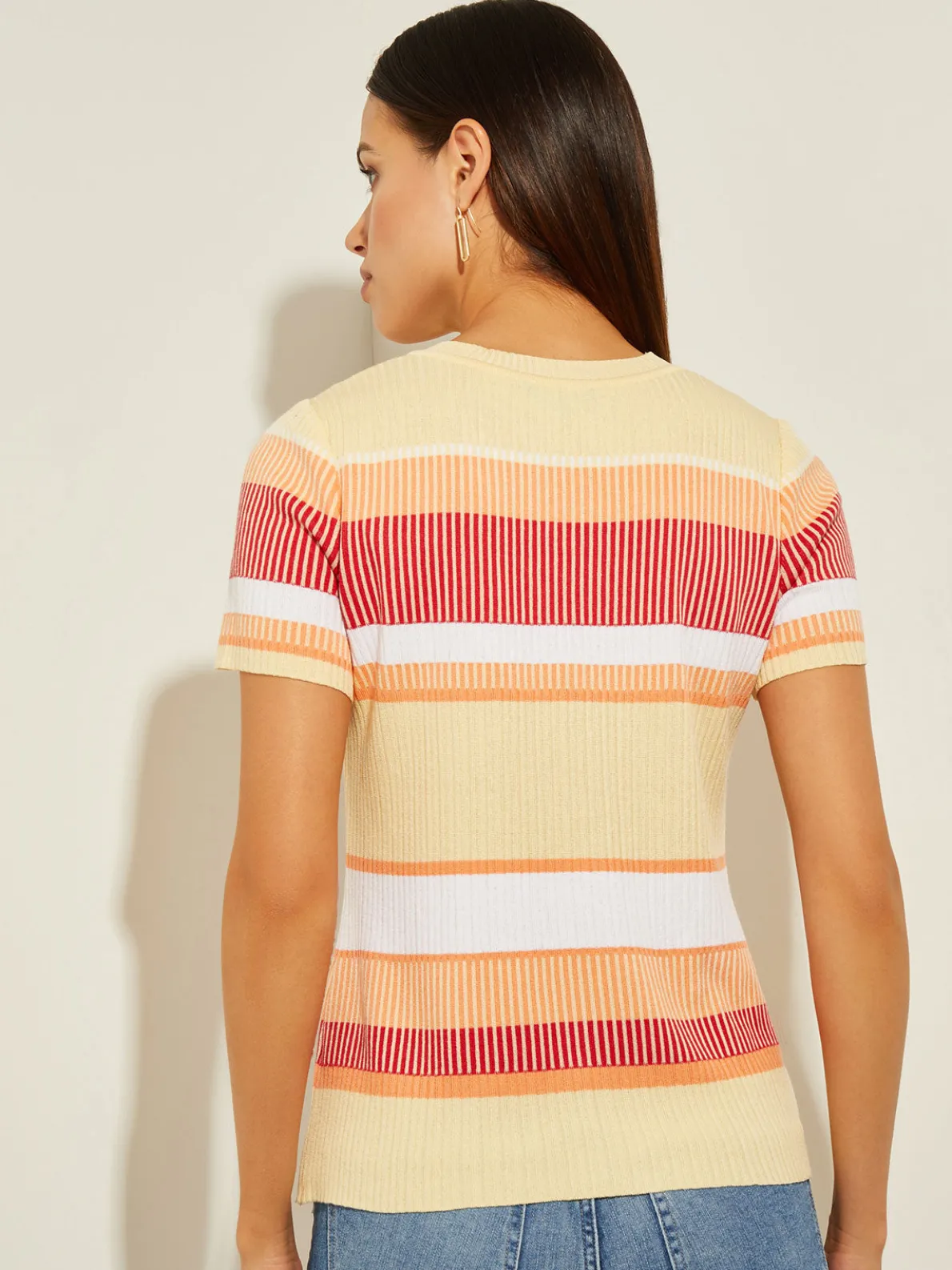 Short Sleeve Intarsia Striped Soft Knit Top