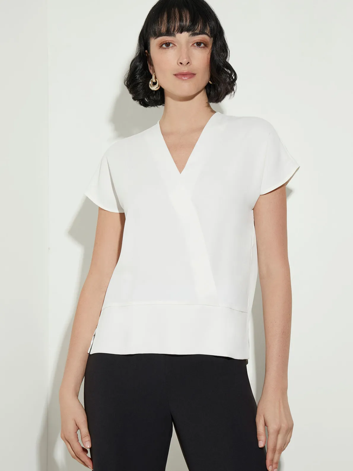 Short Sleeve V-Neck Crepe de Chine Blouse