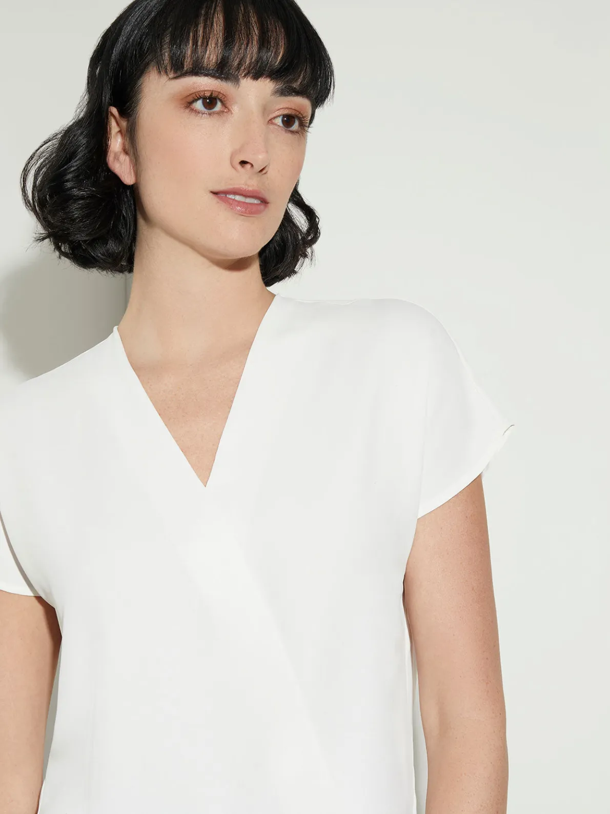 Short Sleeve V-Neck Crepe de Chine Blouse