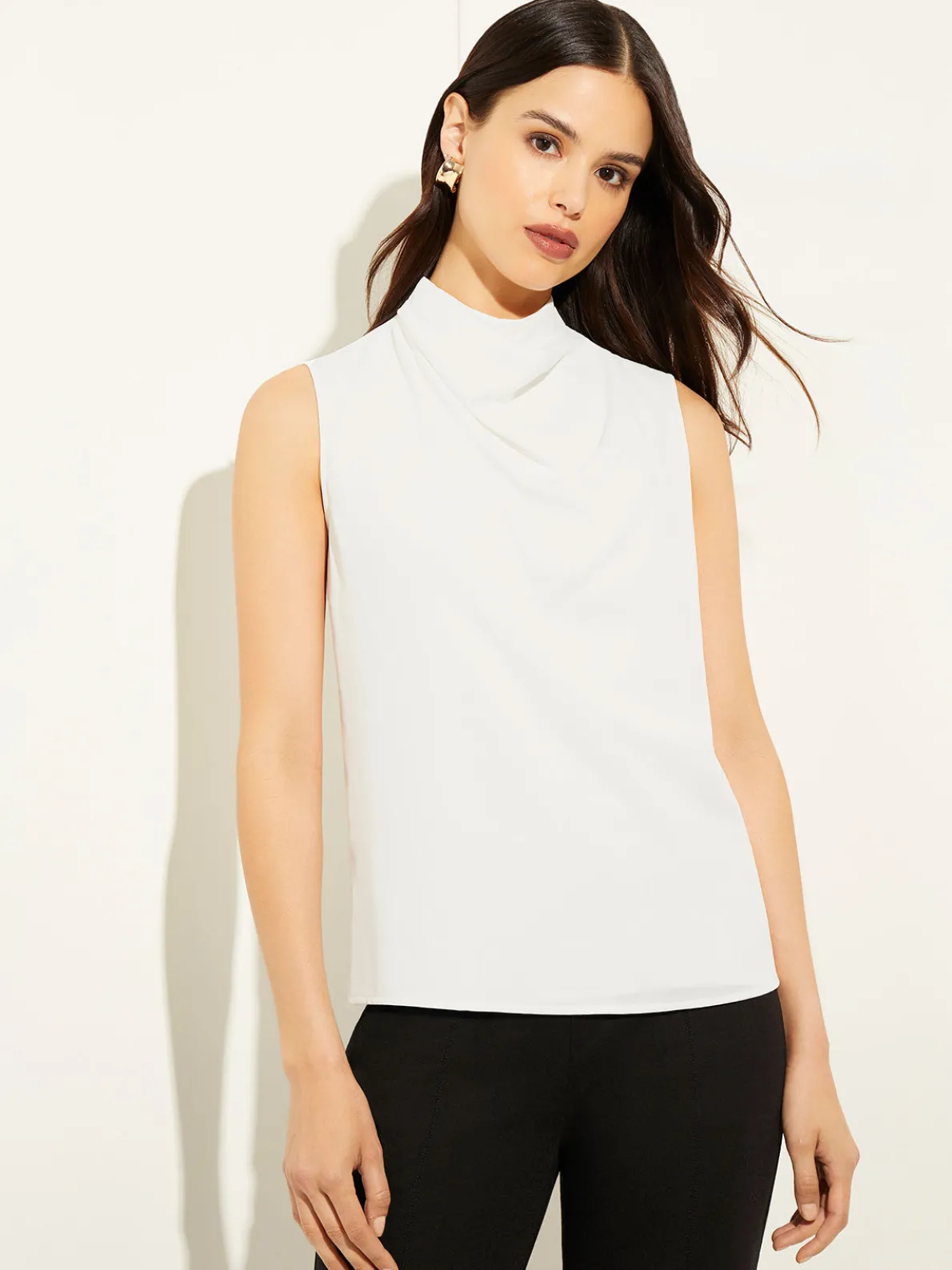 Sleeveless High Neck Draped Crepe de Chine Blouse