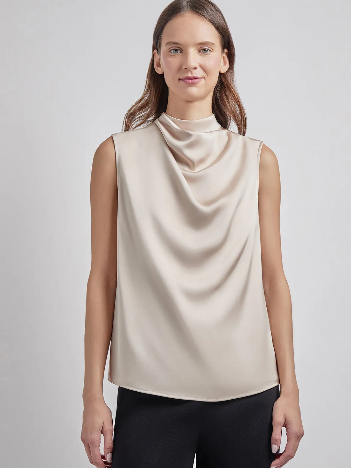 Sleeveless High Neck Draped Crepe de Chine Blouse