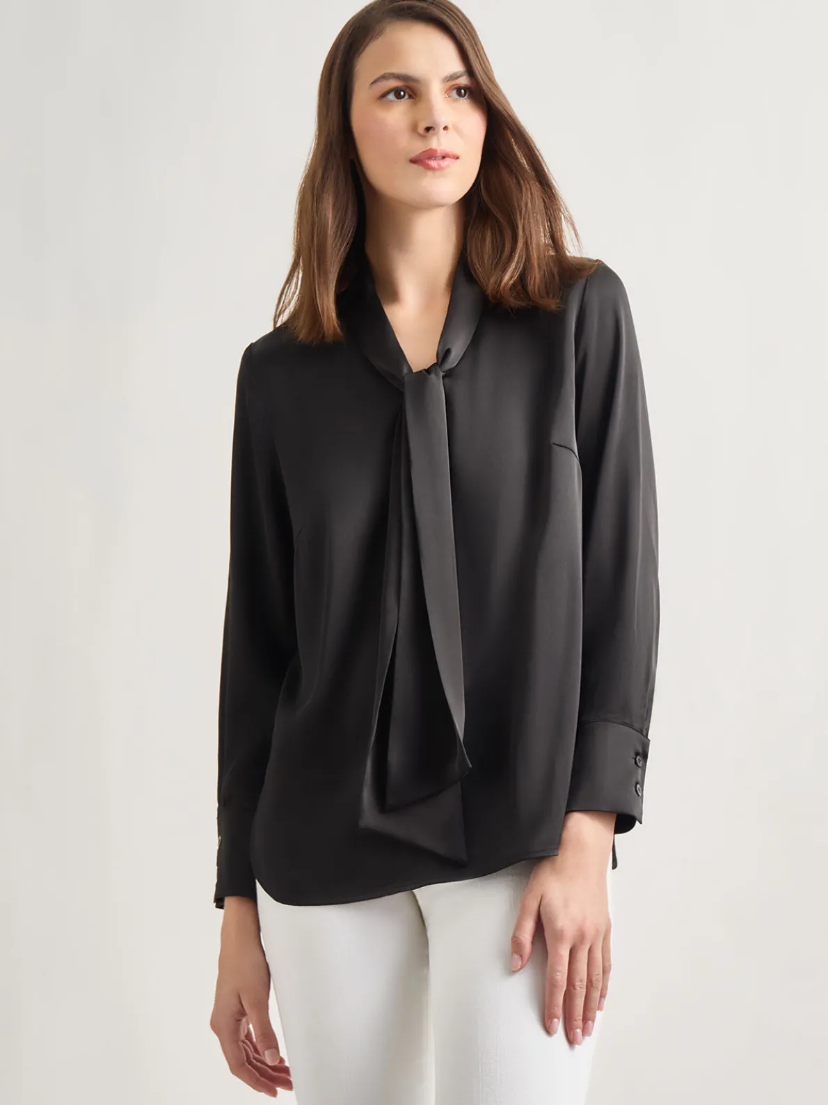Solid Tie Neck Crepe de Chine Blouse