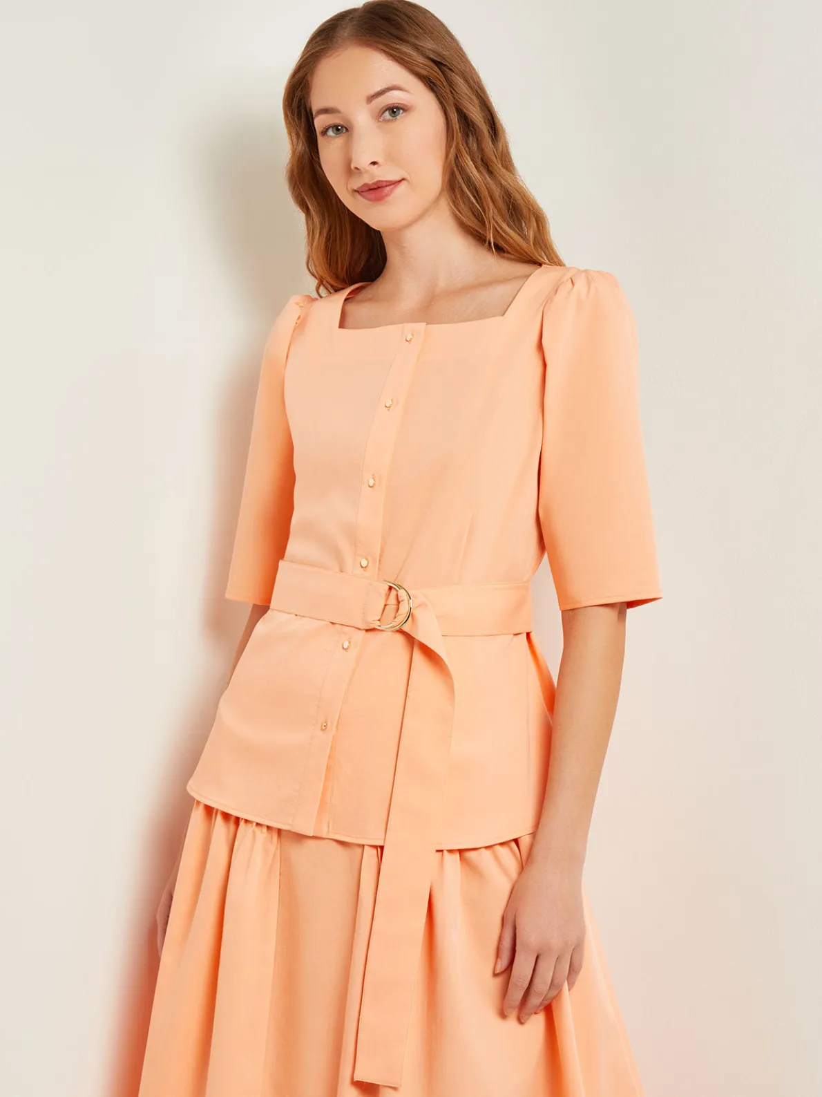 Square Neck Button Front Blouse - Belted Faux Cupro Silk