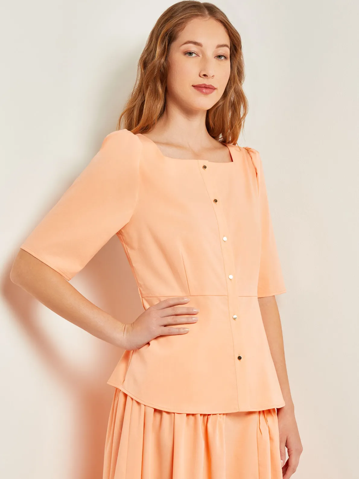 Square Neck Button Front Blouse - Belted Faux Cupro Silk