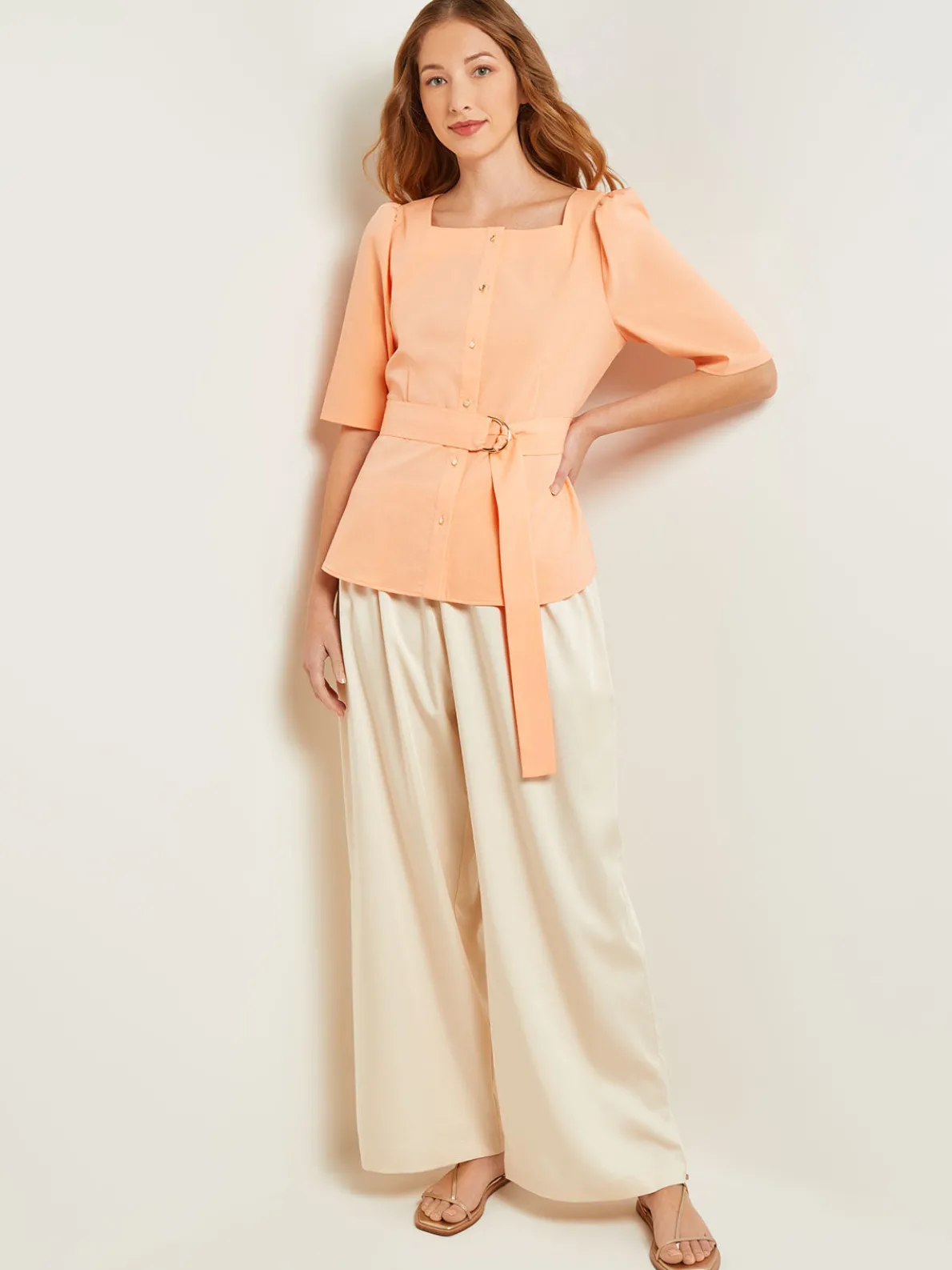 Square Neck Button Front Blouse - Belted Faux Cupro Silk