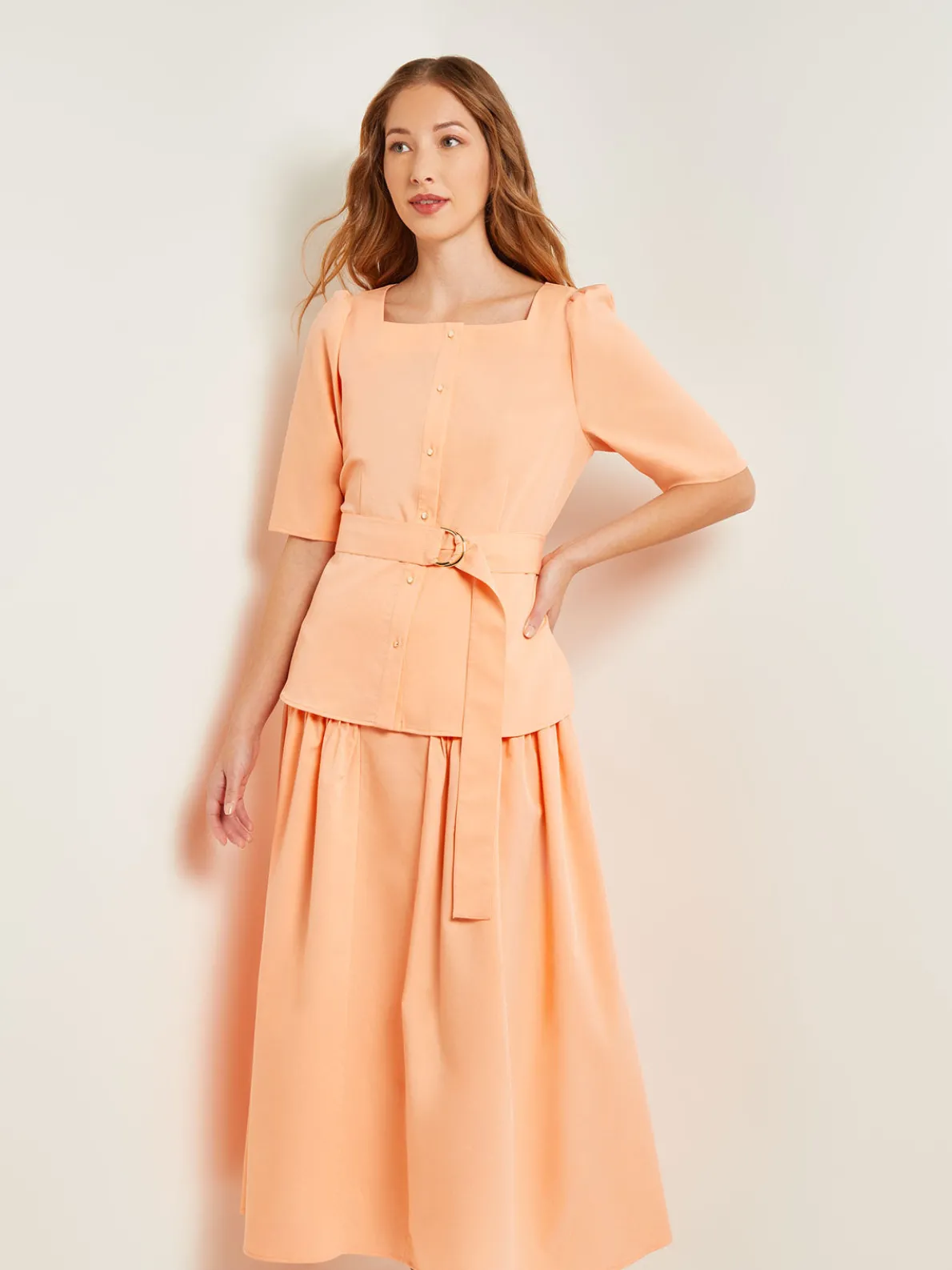 Square Neck Button Front Blouse - Belted Faux Cupro Silk