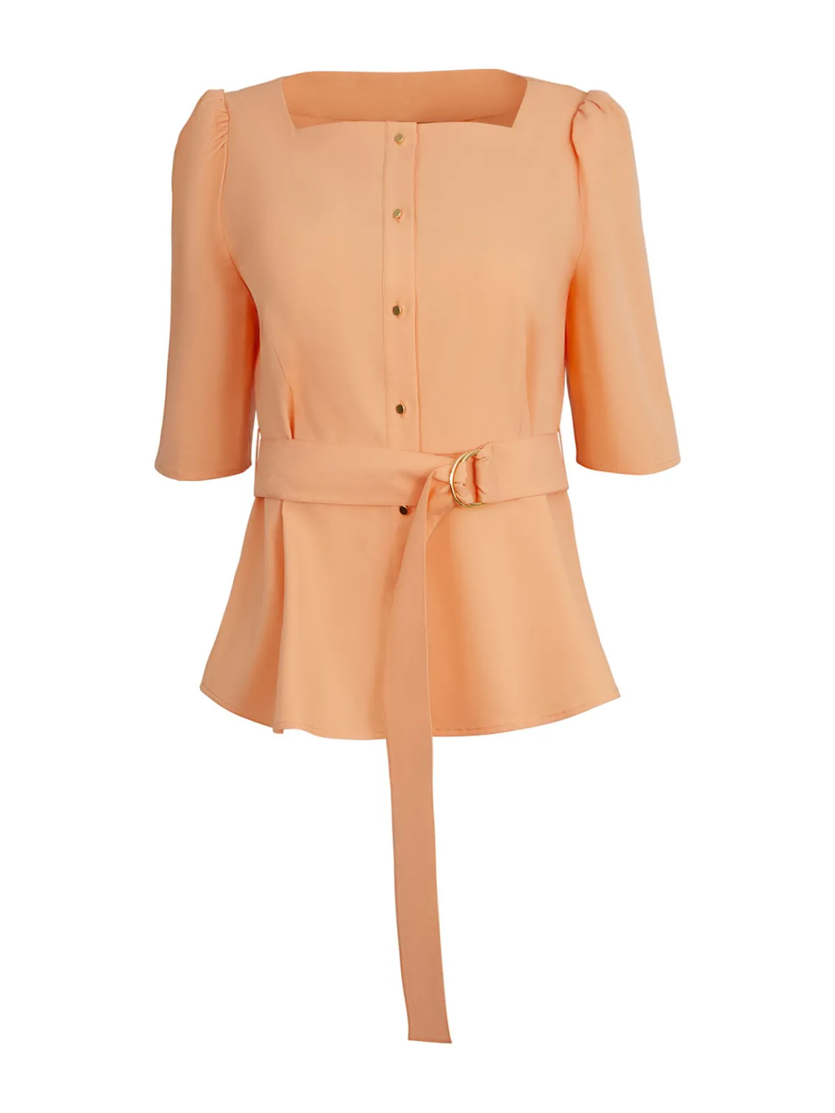 Square Neck Button Front Blouse - Belted Faux Cupro Silk