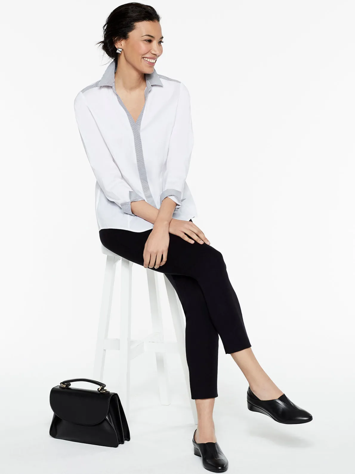 Stripe Trim Stretch Cotton Button-Up Shirt