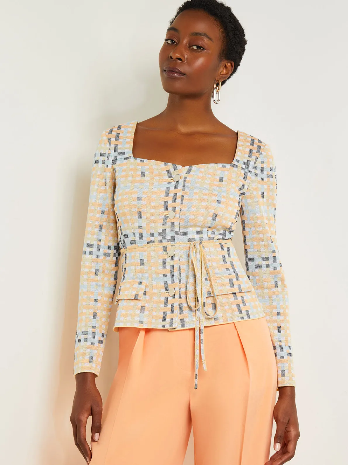 Sweetheart Neck Modern Fit Jacket - Plaid Jacquard Knit