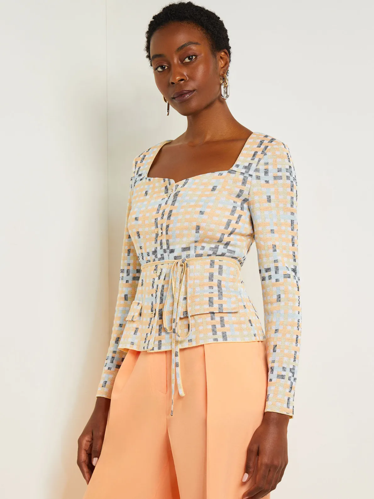 Sweetheart Neck Modern Fit Jacket - Plaid Jacquard Knit