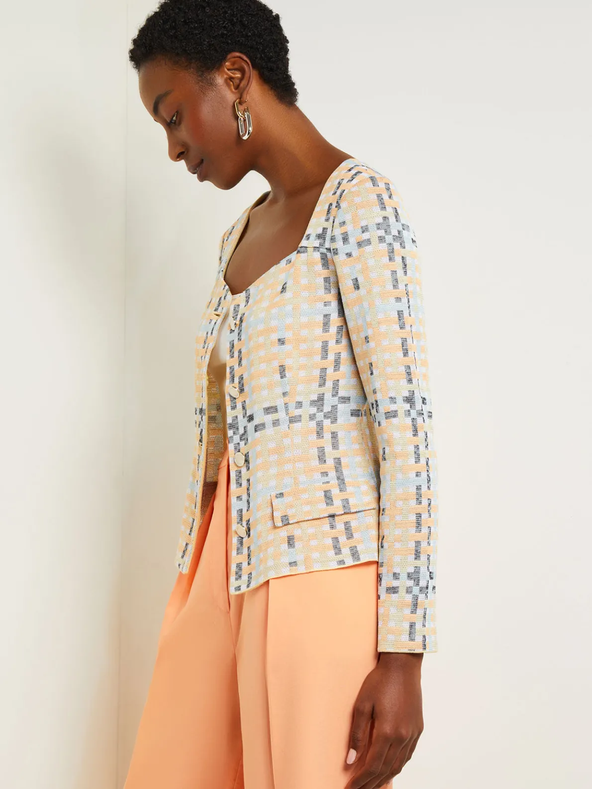 Sweetheart Neck Modern Fit Jacket - Plaid Jacquard Knit